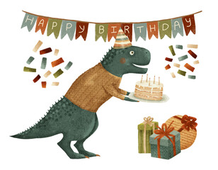 Dino birthday cute tyrannosaurus rex on holiday hand-drawn congratulatory composition