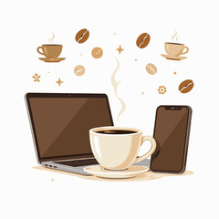 Obraz premium A modern vector illustration of a coffee cup next to a laptop and smartphone, with digital coffee-themed icons floating around, in a sleek flat vector style