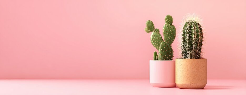 Two cacti in pastel pink pots against a solid pink background
