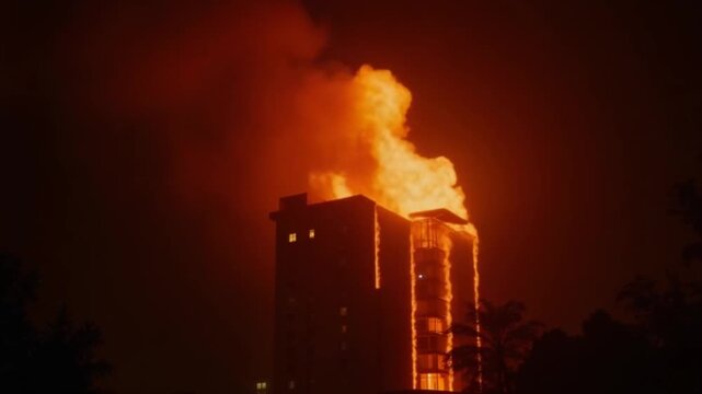 Huge fire blazing in apartment building. Burning house is engulfed in flames at night during the disastrous