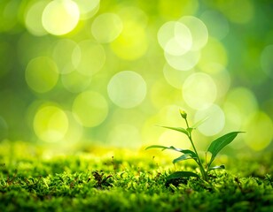 A small green sprout emerging from moss, bathed in soft sunlight