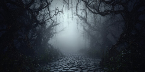 Foggy path through dark, leafless trees.