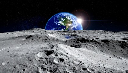 Earth rising from lunar landscape