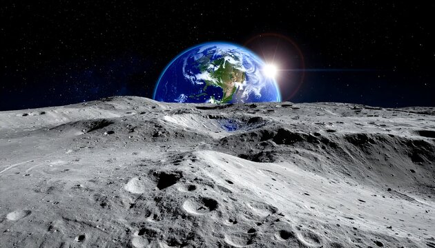 Earth rising from lunar landscape - Powered by Adobe