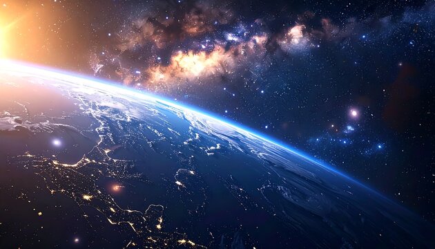 Earth rising over cosmic nebula