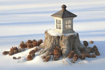 Snowy stump, lantern, pine cones