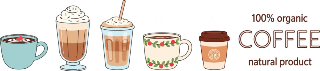 Delicious coffee drinks collection with 100% organic branding, perfect for cafe menus and advertising