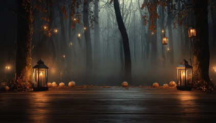 Enchanting foggy forest at night with glowing lanterns and pumpkins on a wet wooden floor.