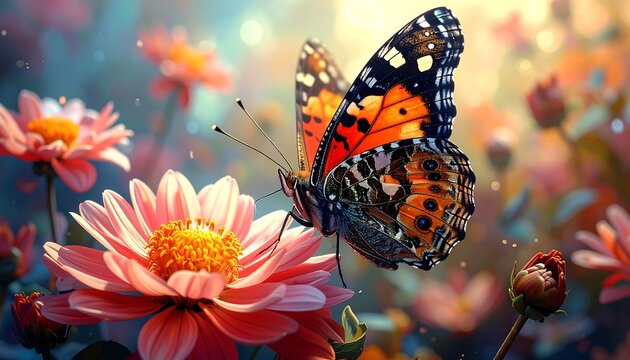 Butterfly on pink flowers - Powered by Adobe