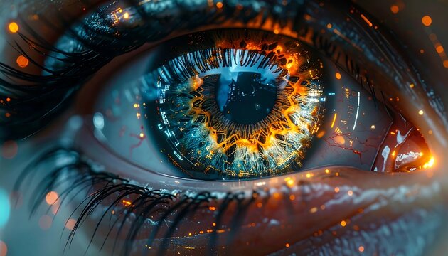 Fiery, detailed close-up of a human eye, with orange and blue hues - Powered by Adobe