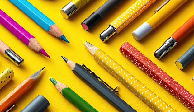 Colorful writing instruments arranged on a yellow background