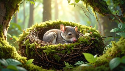 A small rodent rests peacefully in a mossy nest