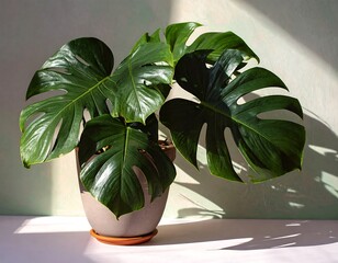 Monstera plant in pot, sunlit