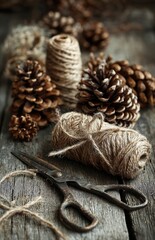 Rustic autumn crafting with pine cones, twine, and scissors