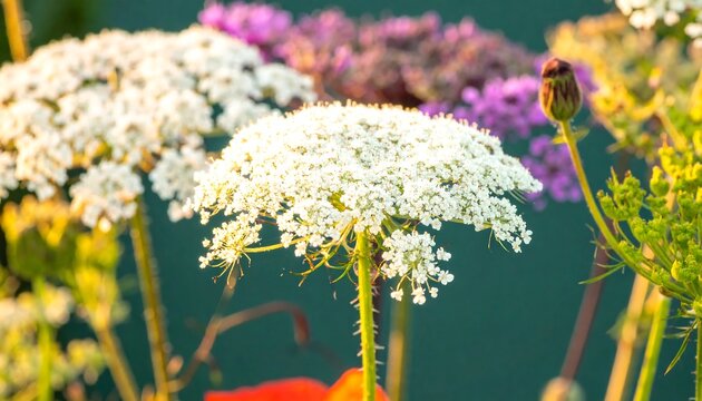 Delicate white flower umbels bloom amidst diverse garden flora