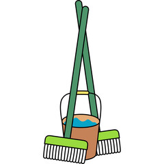 Bucket, mop, and broom, essential tools for cleaning and housekeeping illustrations.