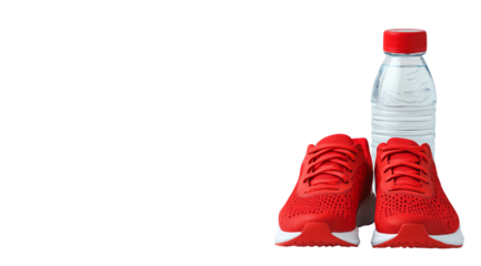 Workout Essentials: A vibrant pair of red running shoes alongside a crisp, refreshing bottle of water, representing the dedication to health and active living, perfectly composed to ignite motivation.