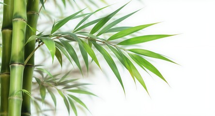 Naklejka premium Close-up of vibrant green bamboo stalks and leaves against a bright background, ideal for nature, tranquility, and spa themes