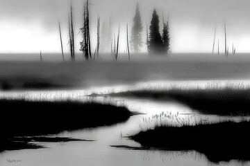 Misty monochrome landscape with sparse trees