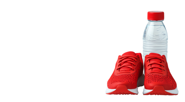 Workout Essentials: A vibrant pair of red running shoes alongside a crisp, refreshing bottle of water, representing the dedication to health and active living, perfectly composed to ignite motivation.