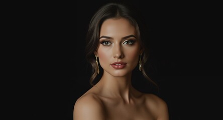 Fototapeta premium Close-up portrait of a woman with elegant makeup and jewelry, on black background