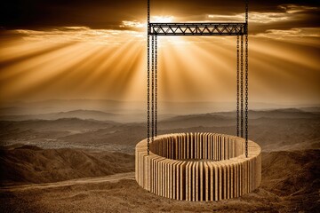 Metal framework swing with wooden circle, sunset backdrop