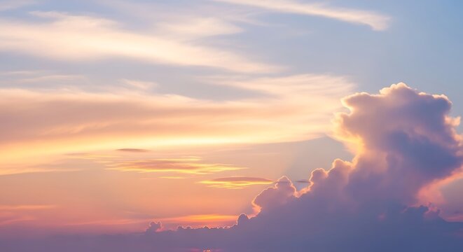 A tranquil, colorful sunset sky displays a variety of soft, pastel clouds, bathed in the warm hues of the setting sun.
