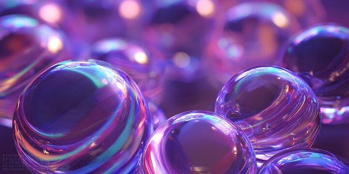 Shiny glass spheres with bubbles in a colorful abstract pattern.
