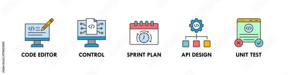 Poster software development banner web icon illustration concept with icon of code editor, control, sprint 