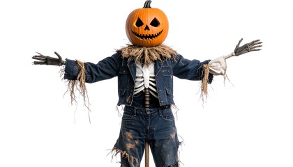 A scarecrow with a jack-o'-lantern head, arms outstretched