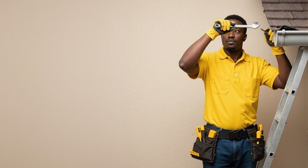 Professional handyman on a ladder repairing a house gutter with a wrench. African American worker providing home improvement and maintenance services. Copy space for text.