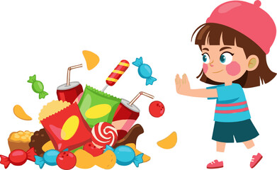 Child Rejecting Unhealthy Foods with Colorful Treats
