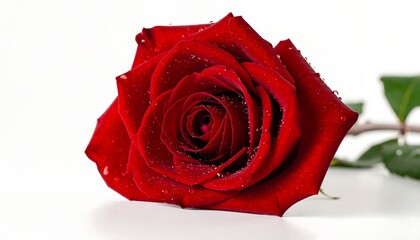 A single, dew-kissed red rose rests on a white background