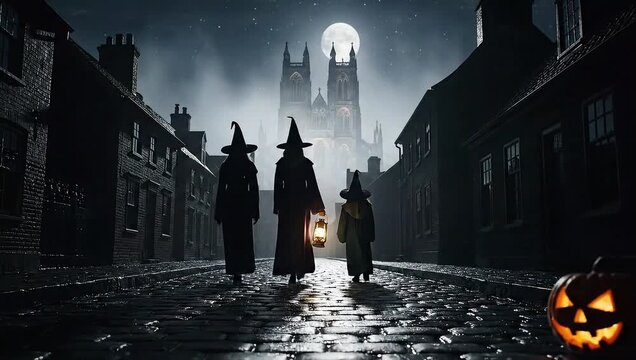 Spooky nighttime scene of three witches walking down a dark cobblestone street towards a glowing jack-o-lantern with a full moon and medieval castle in the background.