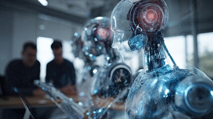 Futuristic humanoid robots equipped with advanced technology, interacting in a modern workspace, showcasing the intersection of AI and human collaboration.