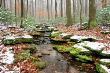 Snowy forest stream, moss-covered rocks, misty