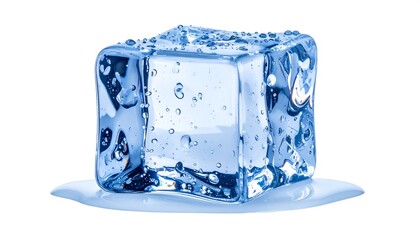 A single ice cube, glistening with water droplets, rests on a small puddle of meltwater against a stark white background