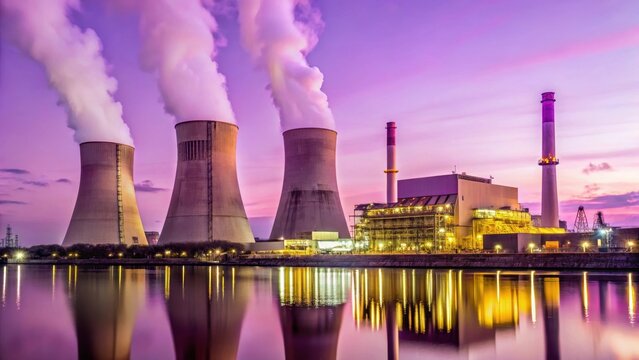 Industrial facility with nuclear reactors and cooling towers