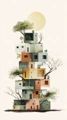 Obraz premium A whimsical stacked structure of colorful houses surrounded by trees, under a large sun, blending nature and architecture in harmony.