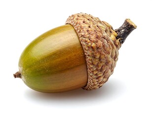 A single, ripe acorn, green-brown, rests on white
