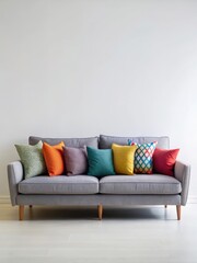 A stylish gray couch with multiple colorful pillows arranged neatly in front of a plain white wall