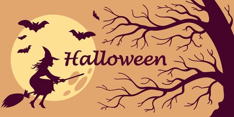 Halloween horizontal banner with vector logo. The inscription with ominous tree branches, bats and a pretty witch on a background of the full moon.