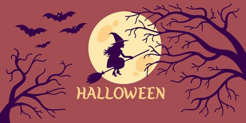 Halloween horizontal banner with vector logo. The inscription with ominous tree branches, bats and a pretty witch on a background of the full moon.