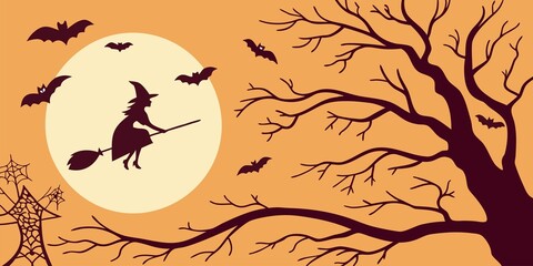 Halloween horizontal banner with vector logo. The inscription with ominous tree branches, bats and a pretty witch on a background of the full moon.