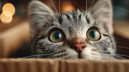 Curious Grey Tabby Cat Peeking Out from a Cardboard Box in Sunlight。wildlife magazines, conservation campaigns, designed for nature documentaries and education.