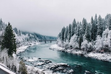 Snowy winter landscape with river and bridge