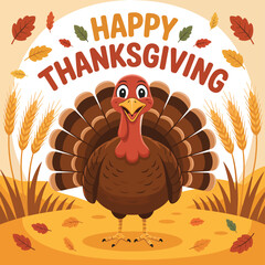 Cartoon turkey with a happy Thanksgiving message and falling leaves background