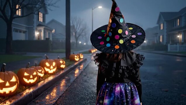 A little girl in a colorful witch hat stands before a row of carved jack-o-lanterns on a suburban street at dusk on a spooky Halloween evening.