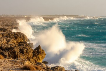 Powerful waves crash against a rocky coast