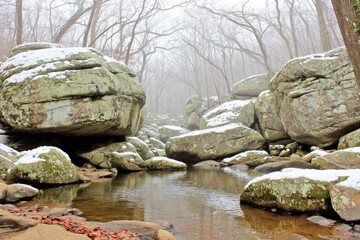 Snowy, misty creek in a rocky forest